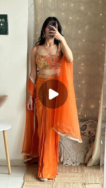 Draped Skirt Indian Outfit, Orange Haldi Outfit, Indian Haldi Outfit, Drape Skirt Indian, Orange Indian Outfit, Dress For Haldi, Lehenga Haldi, Haldi Dresses, Trending Lehenga