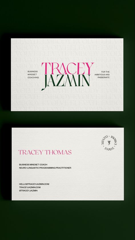 Laid back luxury business cards design for Tracey Jazmin, inspired by the vibe of Beverley Hill Hotels | feminine branding, business card inspo, custom business cards, colorful branding, sophisticated branding, brand design, branding for coaches, marketing collaterals, graphic design inspiration, small business cards Feminine Business Cards, 세련된 명함, Letterpress Business Card Design, Coach Business Card, Business Card Layout, Sophisticated Business Card, Sophisticated Branding, Laid Back Luxury, Branding Business Card