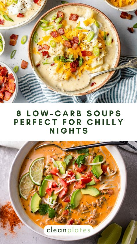 Warming, filling soups are perfect for cold winter nights. These low-carb recipes are so nourishing -- grab a spoon! Clean Keto Soup Recipes, Keto Soup No Dairy, Healthy Creamy Crockpot Soups, Keto Crockpot Soup Recipes Low Carb, Low Carb Crock Pot Recipes Soup, Low Carb Fall Soup Recipes, Thick Soup Recipes Healthy, Creamy Low Carb Soup, Low Carb Stews And Soups