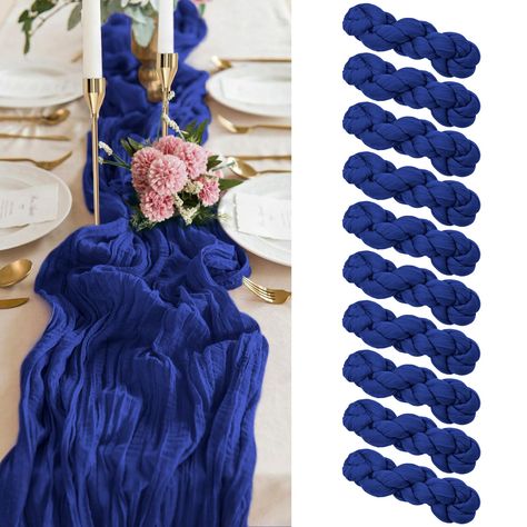 PRICES MAY VARY. 【Product Included】: You will receive pack of 10 Royal Blue cheesecloth gauze table runners. Product size: 3ft in width and 10ft in length, suitable for round or square tables that can accommodate 8-10 people. The combination of 10 pack is enough to meet your daily needs. Perfect for romantic and elegant party events. 【High quality materials:】These cheesecloth table runners are made of high-quality fabric with beautiful pleats for a charming look. The soft,skin-friendly and wrink Wedding Table Decor Boho, Blue Cheesecloth Table Runner, Masculine Centerpieces, Table Decor Boho, Burgundy Wedding Theme, Table Runner For Wedding, Luncheon Ideas, Gauze Table Runner, Cheesecloth Table Runner