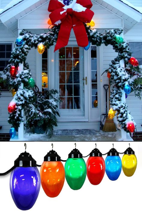 Christmas Outdoor Ornaments, Jumbo Outdoor Christmas Decorations, Jumbo Christmas Decorations, Diy Jumbo Christmas Lights, Large Christmas Lights Diy, Big Bulb Christmas Lights On House, Hanging Christmas Lights Outdoor, Jumbo Christmas Lights, Big Bulb Christmas Lights