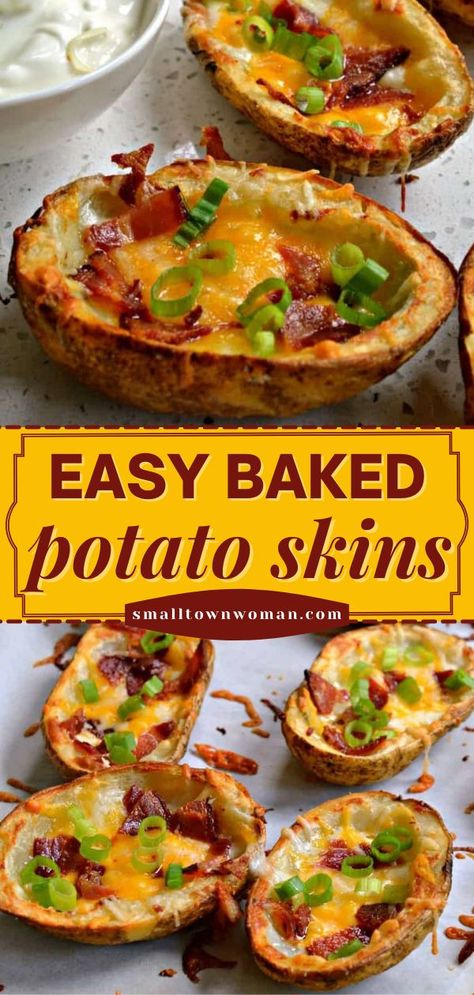 BAKED POTATO SKINS, game day food, football party, snack ideas, appetizer recipes Easy Memorial Day Food, Baked Potato Rounds, Potato Skins Appetizer, Crispy Potato Skins, Potato Rounds, Loaded Potato Skins, Easy Baked Potato, Potatoe Skins Recipe, Baked Potato Skins