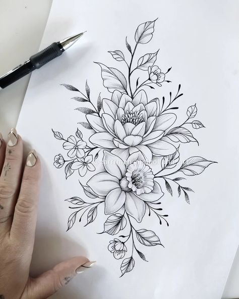 Floral bouquet of a water lily and daffodil in black and grey illustration. Narcissus Tattoo, Daffodil Flower Tattoos, Narcissus Flower Tattoos, Water Lily Tattoos, Lily Flower Tattoos, Flores Tattoo, Daffodil Tattoo, Bouquet Tattoo, Flower Tattoo Arm