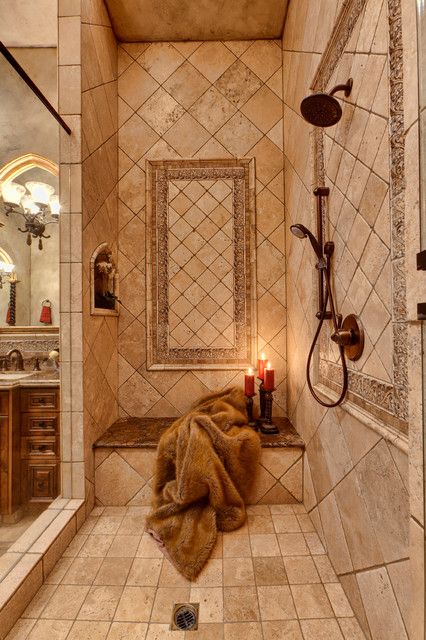 Italian Bathroom Tuscan Style, Tuscan Bathroom Decor, Trendy Kitchen Decor, Tuscan Furniture, Tuscan Bathroom, Mediterranean Bathroom, Beautiful Tile Floor, Shower Remodel Diy, Small Shower Remodel