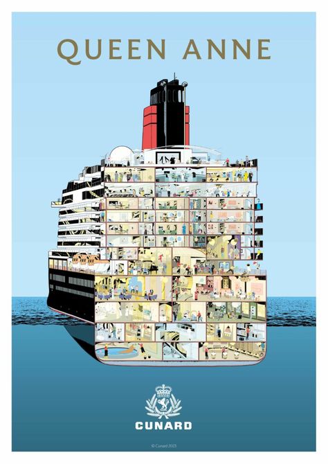 Cruise line Cunard unveiled a remarkable new cutaway image of its newest ship, Queen Anne, which pays homage to the luxury cruise line’s uniquely rich heritage and will debut in 2024. This magnificent cutaway encapsulates the essence of playful luxury that guests will experience on board its newest ship. © Cunard Cunard Ships, Cunard Cruise, Deck Plan, Queen Anne House, Co Housing, Cunard Line, Cruise Liner, House Illustration, Rms Titanic