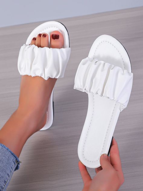 White Elegant Collar   Plain Slides Embellished   Women Shoes Sandel Design Women, Girly Shoes Flats, White Slides Sandals, White Slippers, Diy Slippers, Women Flat Sandals, Latest Model Blouse Designs, Pretty Sandals, Cute Shoes Heels