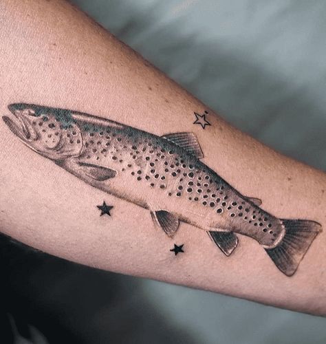 Black And White Trout Tattoo, Speckled Trout Tattoo, Lake Trout Tattoo, Cutthroat Trout Tattoo, Trout Aesthetic, Steelhead Tattoo, Trout Tattoo Women, Trout Tattoos For Men, Trout Fish Tattoo