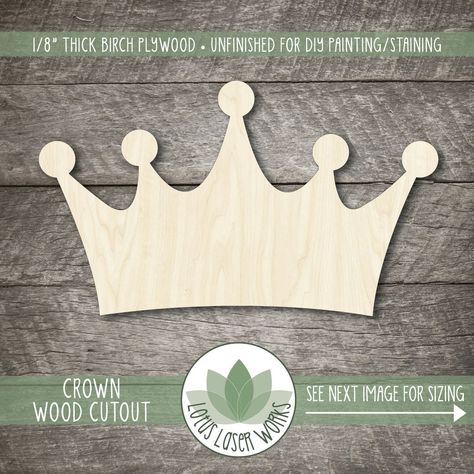 "Crown Wood Craft Shape PRODUCT MATERIAL:  * 1/8\" thick birch plywood * Unfinished wood for DIY creations SIZE OPTIONS:  * This item is ordered by LENGTH (from left to right) * See second listing image for size details 2\" LENGTH x 1.2\" HEIGHT 3\" LENGTH x 1.8\" HEIGHT 4\" LENGTH x 2.4\" HEIGHT 6\" LENGTH x 3.6\" HEIGHT 8\" LENGTH x 4.8\" HEIGHT 10\" LENGTH x 6\" HEIGHT 12\" LENGTH X 7.2\" HEIGHT Lotus Laser Works offers a wide range of quality laser cut shapes with many size options for all y Crown Cutout, Peach Party Decorations, Wood Crown, Crown Decor, Mobile Banner, Crown Party, Unfinished Wood Crafts, Wedding Wall Decorations, Wooden Craft