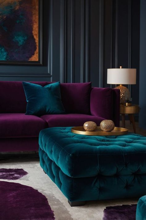 Jewel Tone Color Scheme Living Room, Dark Green And Plum Living Room, Jewel Tone Sitting Room, Velvet Purple Couch, Jewel Tone Boho Decor, Dark Apartment Aesthetic Living Room, Teal Couches Living Room Ideas, Royal Colours Living Rooms, Jewel Tones Interior Design Living Room