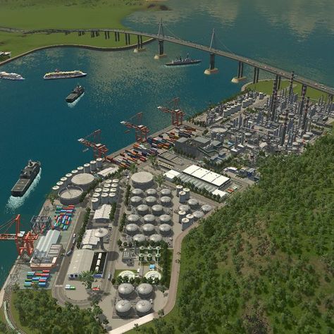 Dennis de Rooij on Instagram: "The start of a port with the bridge in the background. #citiesskylines #citiesskylinesgame #citiesskylinespc" Cities Skylines Starting Layout, Cities Skylines Industry Layout, City Parks Design, Highway Architecture, City Skylines Game, Fantasy City Map, Cities Skylines, City Skyline Art, Sci Fi City