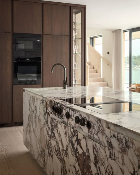 Kitchens By Paul | The Calacatta viola marble offers an elegant contrast against the bold walnut in our clients new space 💫 Photos by @kronfoto… | Instagram Marble Viola Kitchen, Statement Marble Kitchen, Calacatta Viola Kitchen, Viola Kitchen, Master Ensuite Ideas, Award Winning Kitchen Design, Ensuite Ideas, Calacatta Viola Marble, Viola Marble