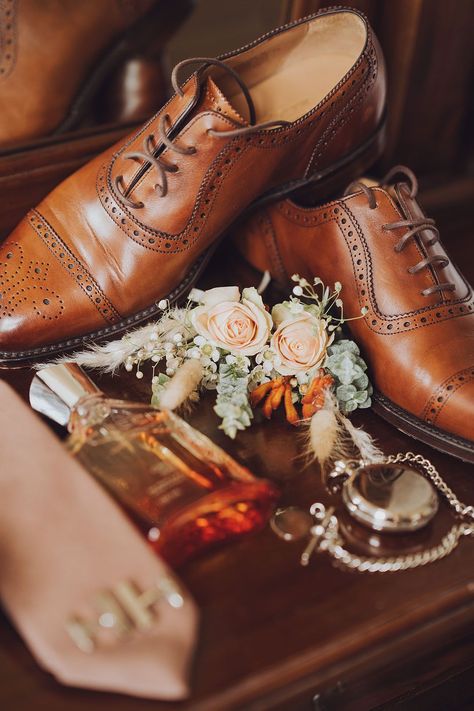 Brown brogue wedding shoes beside pastel peach rose buttonhole and silver pocket watch Grooms Accessories, Wedding Accessories Photography, Fall Groom, Wedding Photography Detail Shots, Groom Wedding Shoes, Groomsmen Wedding Photos, Rose Buttonhole, Groomsmen Shoes, Vera Wang Wedding Dress