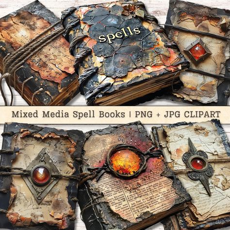 Halloween Altered Books, Mixed Media Halloween, Diy Spell Books For Halloween, Mini Spell Book, Collage Cutouts, Books Clipart, Mixed Media Boxes, Halloween Spell Book, Halloween Junk Journal