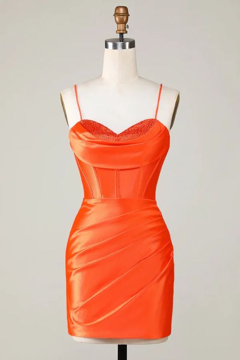 Amzcw Sparkly Orange Beaded Corset Tight Short Homecoming Dress – Amzcw Dress Beaded Corset, Homecoming Dresses Sparkly, Dress Spaghetti Straps, Dress Up Day, Satin Cocktail Dress, Evening Dresses Cocktail, Short Homecoming Dress, Dress Orange, Junior Bridesmaid Dresses