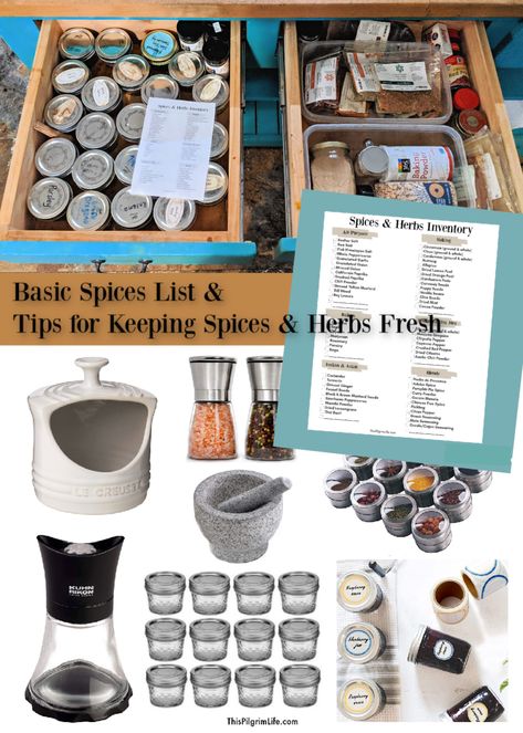 Keeping spices and herbs stocked in your kitchen yields easier and tastier cooking! Check out this printable basic spices list and tips for keeping your spices and herbs fresh and optimal. Spices List, Kitchen Essentials Checklist, Pilgrim Life, List Of Spices, Magnetic Spice, Spice Drawer, Spice Shop, Fresh Spices, Small Mason Jars