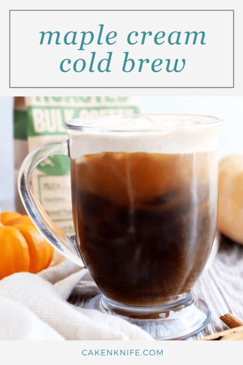 #ad A Maple Sweet Cream Cold Brew is a refreshing and creamy option for fall mornings. The homemade cold brew concentrate means you can choose your favorite @sproutsfm organic coffee to pair with the easy-to-make maple sweet cream! | cakenknife.com #coldbrewcoffee #sweetcreamcoldbrew #maplecream #maplecoffee Seasonal Coffee Drinks, Sweet Cream Cold Brew, Homemade Cold Brew Coffee, Cold Brew Concentrate, Maple Recipes, Cream Cold Brew, Cold Brew Coffee Recipe, Cold Brew Recipe, Fall Fun Food