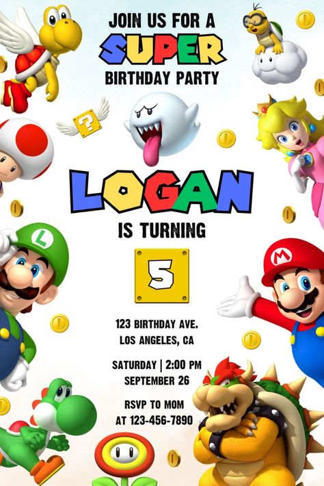 Mario 5th Birthday Party, Super Mario Brothers Birthday Party, Super Mario Brothers Birthday, Super Mario Invitation, Mario Brothers Birthday Party, Mario Bros Birthday Party Ideas, Birthday Party Invitations Free, Super Mario Bros Birthday Party, Super Mario Bros Party