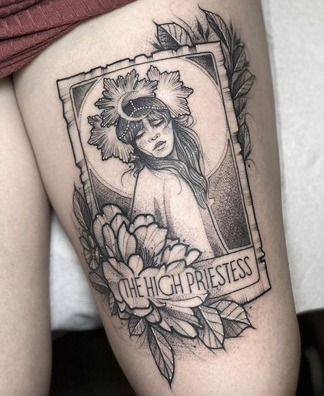 Blood Moon Tattoo, Empowering Tattoos, Tarot Card Tattoo, Tarot Tattoo, Card Tattoo Designs, The High Priestess, Mushroom Tattoos, High Priestess, Thigh Tattoos Women