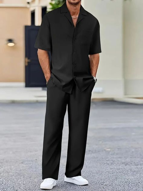 Black Pants Outfit Men, Party Outfit Men, Black Pants Outfit, Black Outfit Men, Camp Collar Shirt, Collar Shirt Men, Pants Outfit Men, Classy Outfits Men, All Black Dresses