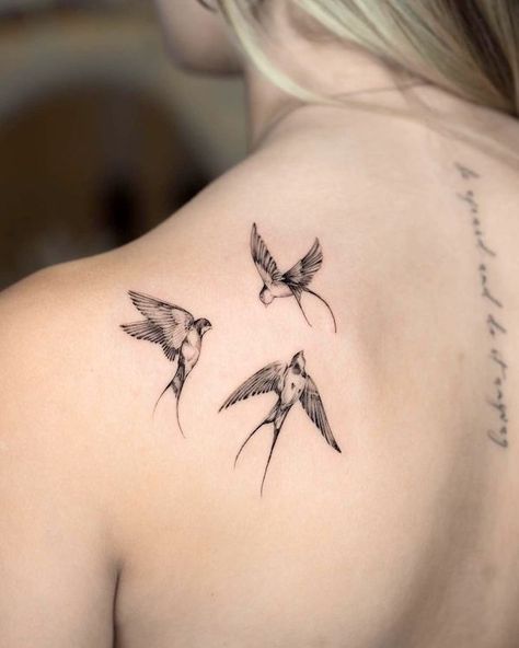 74 Inspiring Swallow Tattoos With Meaning - Our Mindful Life Swallow Knee Tattoo, Swallowtail Bird Tattoo, Colorful Sparrow Tattoo, Tree Swallow Tattoo, Fine Line Bird Tattoos For Women, Flying Swallow Tattoo, Swallow Tattoo Placement, Fineline Swallow Tattoo, 3 Swallows Tattoo