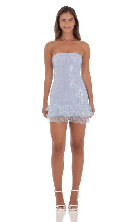 Sequin Strapless Bodycon Dress in Light Blue | LUCY IN THE SKY Light Blue Hoco Dress, Hoco Fits, Sparkly Hoco Dress, Light Blue Homecoming Dresses, Pink Hoco Dress, Blue Hoco Dress, Sweet Sixteen Dresses, Cute Formal Dresses, Sea Dress