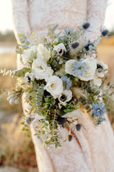 Wedding Bouquet With Thistle, Bouquet With Thistle, Blue And Green Bouquet, Mountain Bouquet, Sage Green Wedding Flowers, November Wedding Flowers, Delphinium Bouquet, Thistle Bouquet, Elopement Bouquet