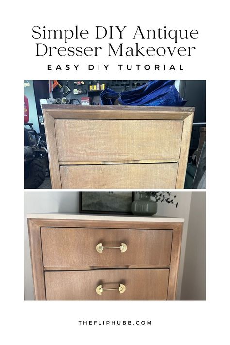 In my latest DIY project, I gave an old antique dresser a stunning makeover! If you love DIY furniture projects, you'll enjoy this transformation. I used paint for the top and wood stain for the rest to bring new life to the piece. Check out my tips for an antique dresser makeover, perfect for anyone looking to refresh their furniture at home. I've included before and after photos to showcase the dramatic change. Get inspired to start your own DIY furniture makeover! Mid Century Nightstand Makeover, Two Tone Dresser Makeover, Antique Dresser Redo, Old Dresser Makeover, Dresser Remodel, Antique Dresser Makeover, Dresser Flip, Dresser Flips, Furniture Remodel