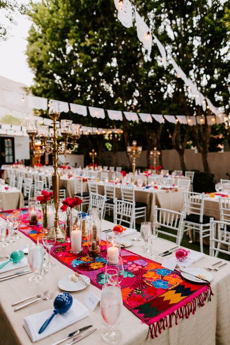 Mexican Wedding Papel Picado, Fiesta Style Wedding, Colorful Hacienda Wedding, White Fiesta Theme Party, Wedding Decor Mexican Theme, Elegant Fiesta Party, Pretty Buffet Tables Food Displays, Fiesta Mexicana Wedding, Mexican Fiesta Quinceanera