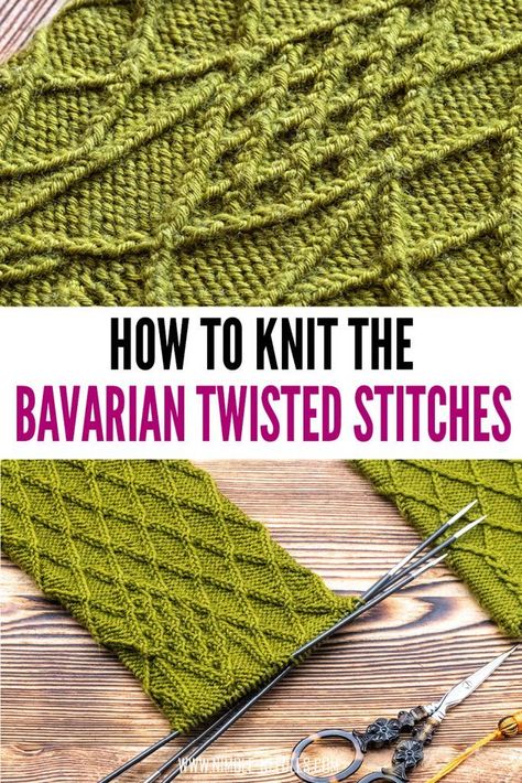 How to knit Bavarian twisted stitches. A step by step tutorial by a local for knitting these amazing patterns. They are essential cable stitches but knit without a cable needle. To make the cables pop, they are all knit twisted. #knitting #knit #knittingpattern #knittingstitch #diy Types Of Knitting, Cable Stitch Knit, Advanced Knitting Techniques, Types Of Knitting Stitches, Cable Sweater Pattern, Knit Stitches For Beginners, Local Video, Knitting 101, Advanced Knitting