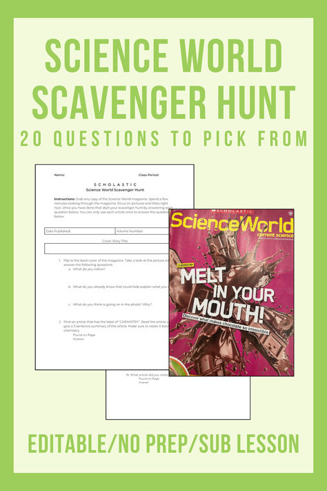 Students will have their eyes glued to the Science World magazine with this reading scavenger hunt! Reading Scavenger Hunt, Science Scavenger Hunt, Book Scavenger, Book Scavenger Hunt, Sub Plan, Reading Activity, 20 Questions, Science Books, Reading Activities