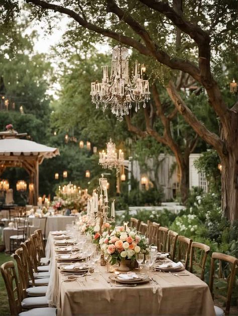 Backyard Wedding Landscape Ideas, Romantic Courtyard Wedding, Al Fresco Dining Wedding, Outdoor Tablescapes Backyards, Backyard Wedding Entrance, Backyard Garden Party Wedding, Elevated Backyard Wedding, Backyard Wedding Table Set Up, Outdoor Wedding Table Settings