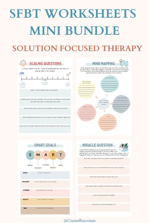 Solution-focused brief therapy (SFBT) is a strength-based approach, that focuses on solution-building rather than problem-solving. It places focus on a person's present and future circumstances and goals rather than past experiences. This bundle includes 7 worksheets in A4 size. - The miracle question - Scaling - Be your own cheerleader - Coping Skills -Exceptions - Mind Mapping -SMART Goals Miracle Question, Math Art Activities, Smart Goals Worksheet, Goal Mapping, Therapy Questions, Solution Focused Therapy, Counseling Worksheets, Goals Worksheet, Counseling Resources