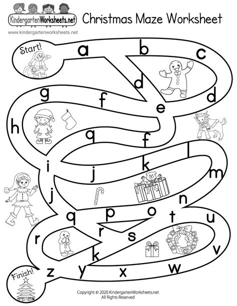 Kids can guide Santa Claus through a fun alphabet maze in order to get him to the Christmas tree in this free worksheet. They can draw a line through the letters that zigzag through cute elves, gingerbread men, and presents. This Christmas-themed maze is a fun way for children to develop their alphabetical order skills. Christmas Worksheets For Kindergarten, Christmas Preschool Printables, Christmas Worksheets Kindergarten, Road Trip Activity Book, Mazes For Kids Printable, Christmas Maze, Maternelle Grande Section, Learn Alphabet, Kindergarten Christmas