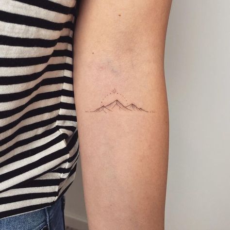 Alpine Mountain Tattoo, Mountain Peak Tattoo Simple, Three Suns Tattoo, California Mountains Tattoo, Half Sun And Mountain Tattoo, Aspen Mountain Tattoo, Mountain Faith Tattoo, Minimal Tattoo Mountain, Horizon Line Tattoo