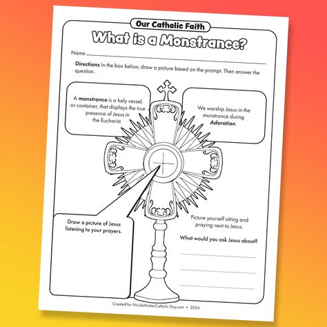 A fun, Catholic worksheet that many ages will enjoy! This is a worksheet that features the Monstrance and Eucharist, with a few facts and activities. It is 100% handmade by me and can be used for religious education classes, home school and Catholic school. Enjoy! Free Catholic Printables, Monstrance Catholic, Catholic Printables, Catholic Kids Crafts, Catholic Kids Activities, Religion Activities, Catholic Sacraments, Catholic Education, Catholic Crafts