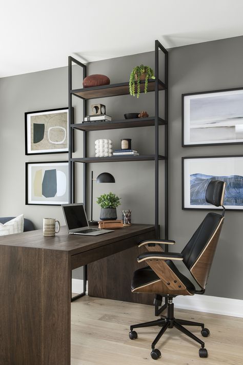 Office Interior Design For Men, Masculin Office Decor, Dark Wood Office Ideas, Grey And Brown Office Ideas, Home Office Ideas Dark Wood, Office With Grey Walls, Office Ideas Dark Wood Desk, Masculine Office Desks, Industrial Modern Home Office