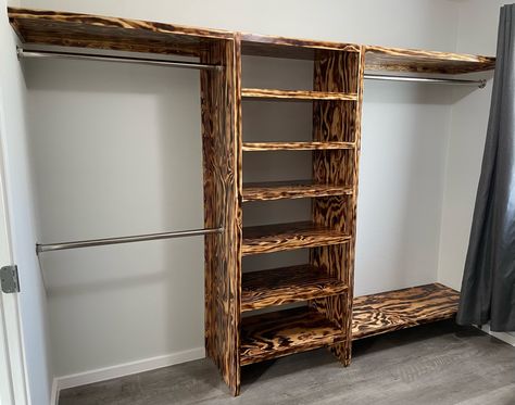 Rustic Closet Designs, Diy Master Closet Built Ins, Custom Closet Built Ins, Rustic Closet Ideas, Custom Master Closet, Wooden Closet Shelves, Open Closet Ideas, Diy Master Closet, Rustic Closet