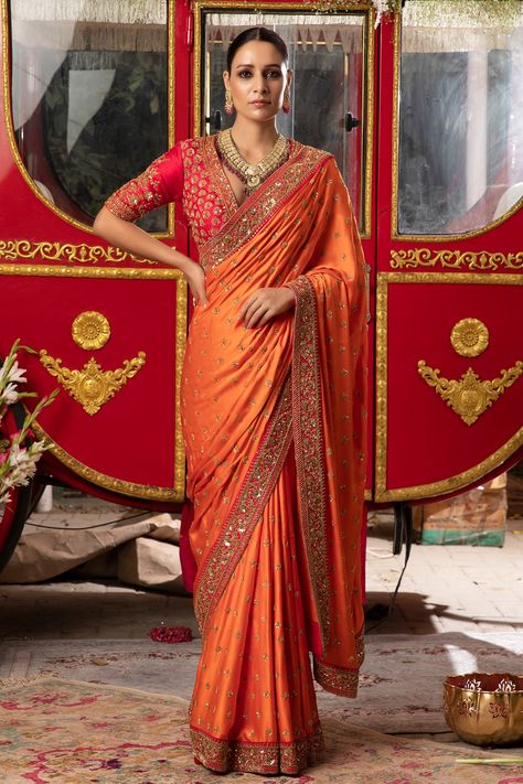 Buy Orange Satin Georgette Plunge Neck Embroidered Saree With Blouse For Women by Megha & Jigar Online at Aza Fashions. Orange Saree, Orange Satin, Embroidered Saree, Indian Bridal Dress, Red Saree, Blouse For Women, Orange Fabric, Indian Attire, Saree Look