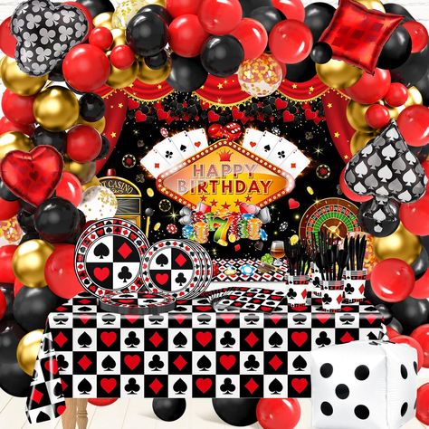 PRICES MAY VARY. Casino Theme Party Decorations: No need to fly to Las Vegas, and you can enjoy the same atmosphere at home with our casino theme party decorations. This birthday party supplies kit is designed in casino style, full of casino elements, bringing joyful feeling of casino for you and your friends A Complete Birthday Party Supplies Set: In this casino birthday party supplies set, there is 1 pc casino night birthday backdrop, 1 pc poker tablecloth, 24 pcs poker tableware set (each inc Casino Birthday Decorations, Casino Theme Party, Casino Birthday, Casino Theme Party Decorations, Casino Party Decorations, 1 Birthday, Casino Party, Casino Theme, Theme Party Decorations