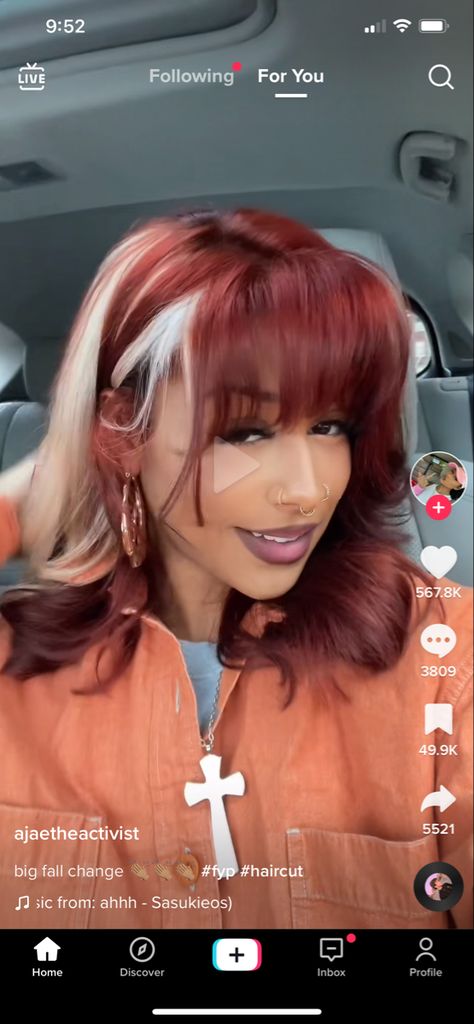 Cherry Red With Blonde Highlights, Burgundy Hair With Blonde Money Piece, Copper Curly Hair, Red Hair With Bangs, Burgundy Hair Dye, Copper Brown Hair Color, Red Hair With Blonde Highlights, Cherry Red Hair, Red Blonde Hair