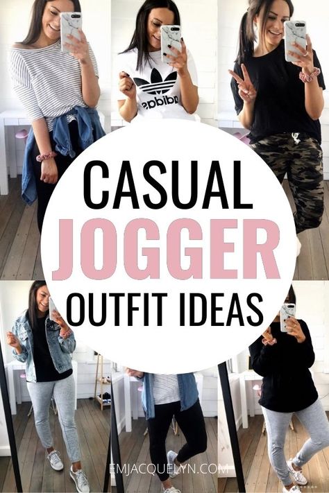 Looking for casual fall outfits? Check out the casual joggers outfit ideas perfect for fall | Casual fall outfits 2020 | comfy casual fall outfits | casual fall outfits for women | #outfitideas Grey Joggers Outfit Women Work, Jogger Pants Outfit With Sneakers, Tan Joggers Outfit Women Fall, Tshirt And Joggers Outfits, Gray Jogger Outfits Women, Fall Jogger Outfits Casual, Women’s Joggers Outfit, Joggers With Blazer Outfit, Plus Size Joggers Outfit Casual