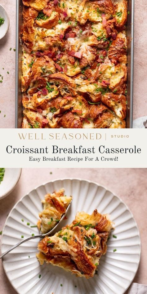 Take the stress out of hosting brunch with our easy, impressive Croissant Breakfast Casserole! Tender, flaky croissants, crispy bacon, and Gruyere and white Cheddar cheeses are piled high in a baking dish along with a creamy custard of eggs and heavy cream. It's pure indulgence and is just as good on a Sunday morning as it is for a holiday brunch. Will easily feed 8 hungry guests! #wellseasonedstudio #croissant #breakfastcasserole #bakedfrenchtoast Christmas Croissant Breakfast, Bacon Egg And Cheese Croissant Bake, Make Ahead Breakfast Croissant, Baked Brunch Recipes, Large Party Breakfast Ideas, Bacon Egg And Cheese Croissant Casserole, Savory Croissant Breakfast Casserole, Breakfast With Croissants Ideas, Savory Brunch Casserole