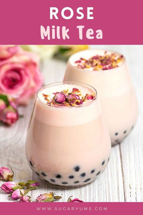 two glasses filled with rose milk tea with tapioca and dried roses on top How To Make Jasmine Milk Tea, Jasmine Green Milk Tea, Jasmine Tea Recipe, Rose Syrup Recipe, Jasmine Milk Tea, Jasmine Milk Tea Recipe, Green Milk Tea, Rose Milk Tea, Milk Tea Recipe