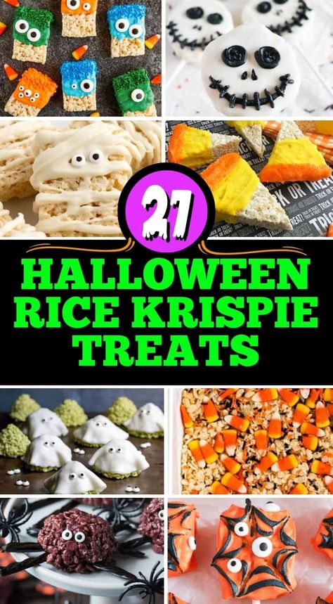 These halloween-themed Rice Krispie treats are great for hallowen parties and school halloween parties. Made with simple ingredients, these are a fun kid-friendly activity! Monster Krispie Treats, Pumpkin Shaped Rice Krispie Treats, Spider Rice Krispie Treats, Rice Krispie Ghosts, Halloween Rice Crispies Treats, Rice Crispy Treat Halloween, Rice Krispie Treats For Halloween, Halloween Krispie Treats, Halloween Rice Crispy Treats Ideas