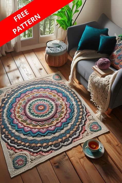 Add a touch of handmade elegance to your home with a gorgeous crochet mandala rug. Learn how to create this stunning and functional centerpiece with our detailed pattern. Boho Crochet Rug Patterns Free, Crochet Circle Rug, Free Crochet Rug Patterns, Crochet Mandala Rug, Crochet Rug Patterns Free, Diy Rugs, Mandala Rug, Crochet Rugs, Gorgeous Crochet