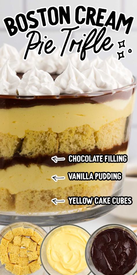 Boston Cream Pie Trifle is made of moist cake, creamy pudding, and decadent chocolate. Easy layered dessert for any occasion with a nostalgic flavor you'll love. Boston Cream Pie Trifle, Mini Trifle Desserts, Trifle Bowl Recipes, Trifle Dessert Recipes, Layered Dessert, Trifle Pudding, Creamy Pudding, Trifle Dish, Trifle Desserts