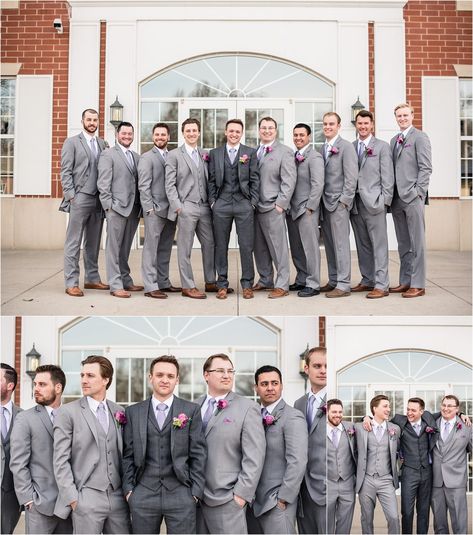 Groom in dark gray suit with groomsmen in light gray suits | Maddie Peschong Photography Gray Suits For Groomsmen, Dark Gray Tuxedo Wedding, Groom Gray Suit Groomsmen Navy, Dark Gray Wedding Suits For Men, Slate Gray Groomsmen Suits, Bride And Groom Gray Suit, Gray Groom And Groomsmen Attire, Gray Wedding Tuxedo For Men, Dark Gray Suit Wedding Groom Attire