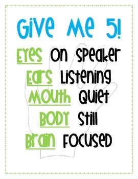 "Give Me 5!" Classroom Management Poster Give Me 5 Poster Classroom Management, Management Poster, Give Me 5, Classroom Behavior Management, Behaviour Management, Organization And Management, Eyes On Me, Class Management, Classroom Behavior