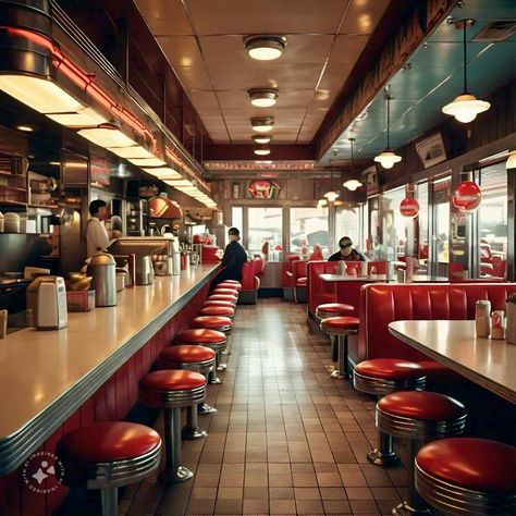 Restaurant Retro Burger Restaurant, Vintage Diner Interior, Modern American Diner, 90s Fast Food Restaurant, Small Diner Aesthetic, Dim Restaurant Aesthetic, Fast Food Restaurant Photography, Small Diner Restaurant Ideas, 80s Restaurant Aesthetic