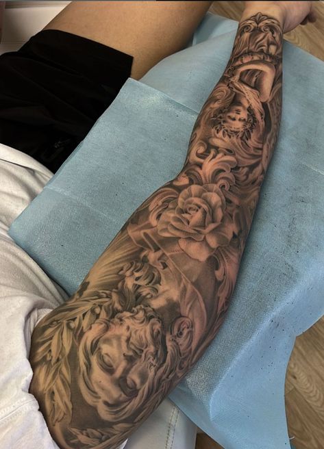 #sleevetattoos #tattoosleeve #tattooideas #religioustattoo #jesustattoo #angeltattoo #blackandgreytattoo #blackandgrey #tattooasthetic #losangelestattooartist #californiatattooartist #bng #kwadronneedles #empireinks #bishoprotary #bishopwand #details Bible Tattoo Sleeve, Italian Mythology Tattoo, Baroque Art Tattoo, Greek Inspired Sleeve Tattoo, Greek Style Sleeve Tattoo, God Sleeve Tattoos For Men, Angel Tattoo Sleeve, Christian Tattoos Sleeve, Statue Tattoo Ideas